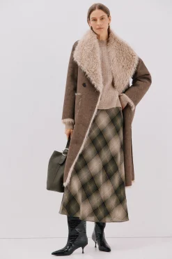 Cortefiel Casacos-Sobretudo de pele longo reversível Castanho