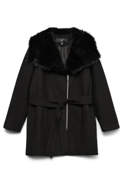 Vero Moda Curve Sobretudos|Casacos-Sobretudo de tecido com gola de pele tamanho grande Preto