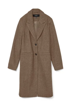 Vero Moda Sobretudos|Casacos-Sobretudo longo de tecido e espinha de espiga Castanho