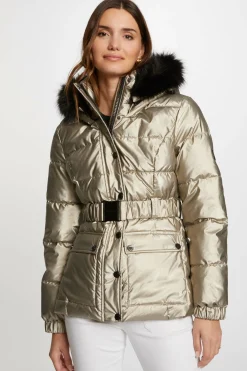 Morgan Sobretudos|Casacos-Sobretudo metálico com capuz Dourado