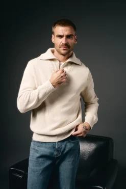 OOTO Camisolas-Suéter de algodão com gola polo e fecho-éclair Tostado