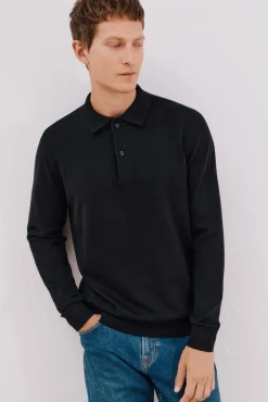 Cortefiel Camisolas-Suéter de cashmere de algodão com gola polo Preto