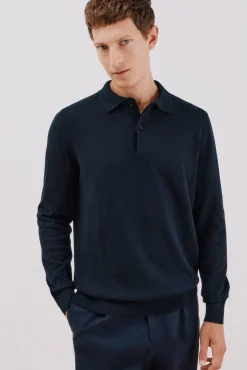 Cortefiel Camisolas-Suéter de cashmere de algodão com gola polo Azul
