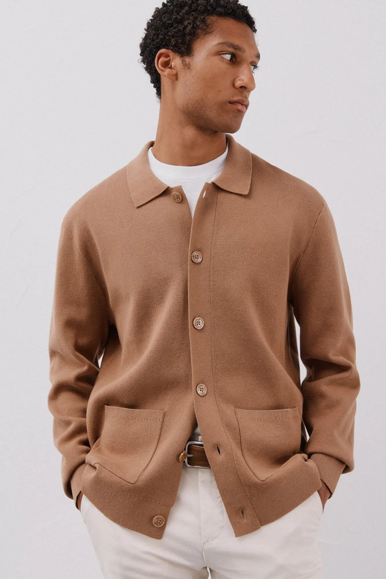 Cortefiel Camisolas-Suéter de sobrecamisa de algodão Tostado