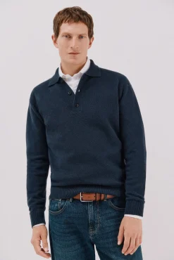 Cortefiel Camisolas-Suéter estruturado de lã com gola polo Azul