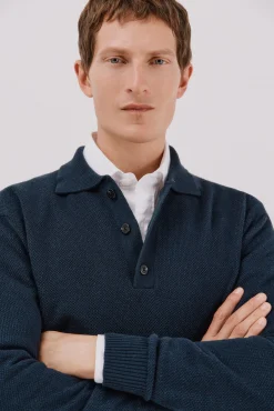 Cortefiel Camisolas-Suéter estruturado de lã com gola polo Azul