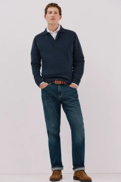 Cortefiel Camisolas-Suéter estruturado de lã com gola polo Azul