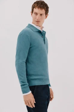 Cortefiel Camisolas-Suéter estruturado de lã com gola polo Azul