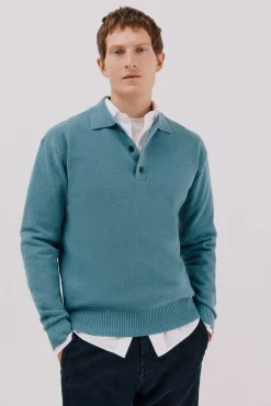 Cortefiel Camisolas-Suéter estruturado de lã com gola polo Azul