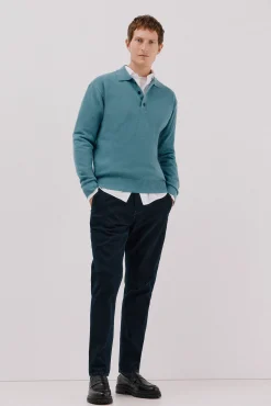 Cortefiel Camisolas-Suéter estruturado de lã com gola polo Azul