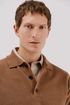 Cortefiel Camisolas-Suéter estruturado de lã com gola polo Tostado