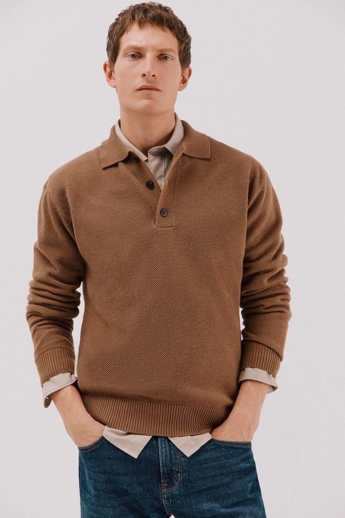 Cortefiel Camisolas-Suéter estruturado de lã com gola polo Tostado