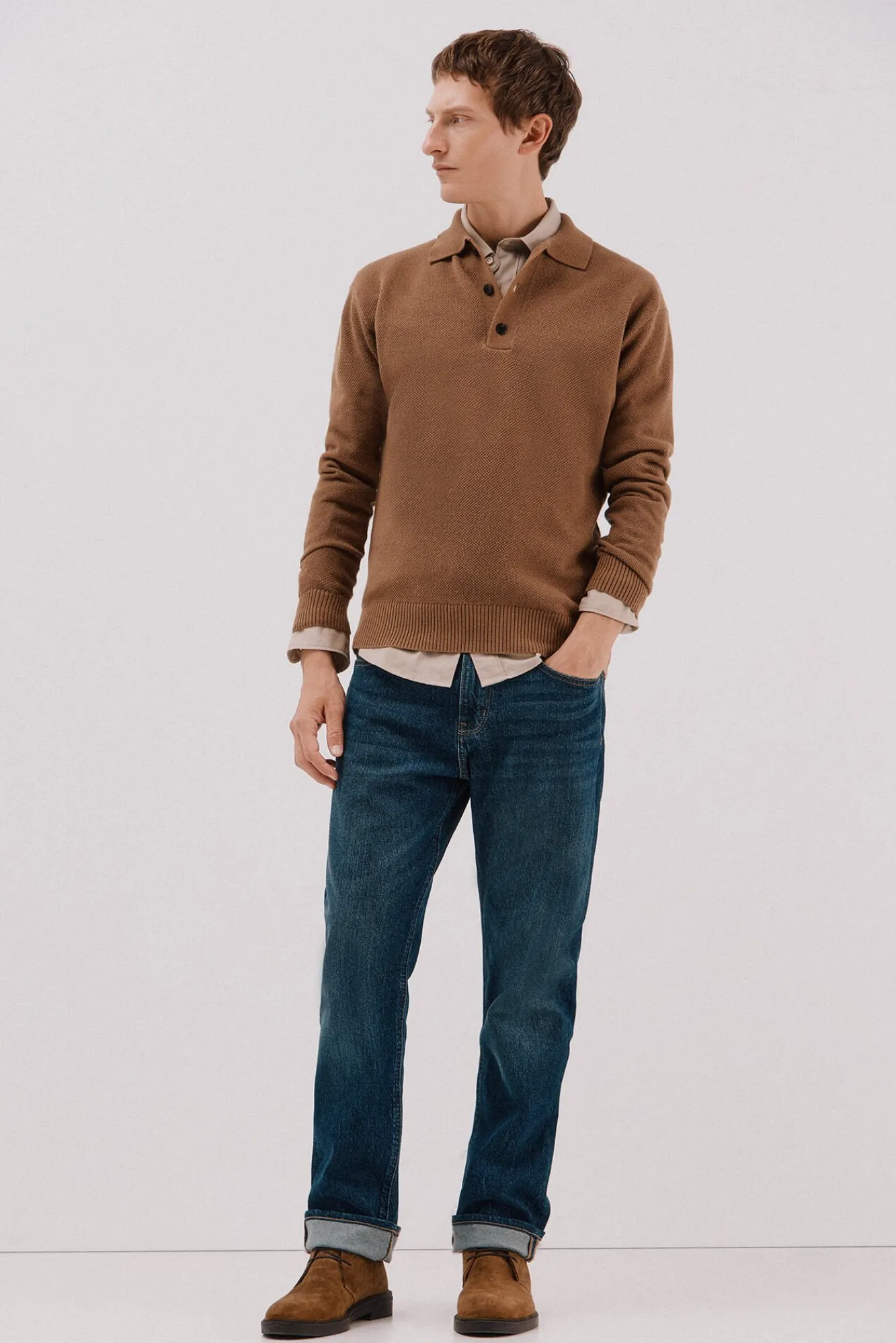 Cortefiel Camisolas-Suéter estruturado de lã com gola polo Tostado