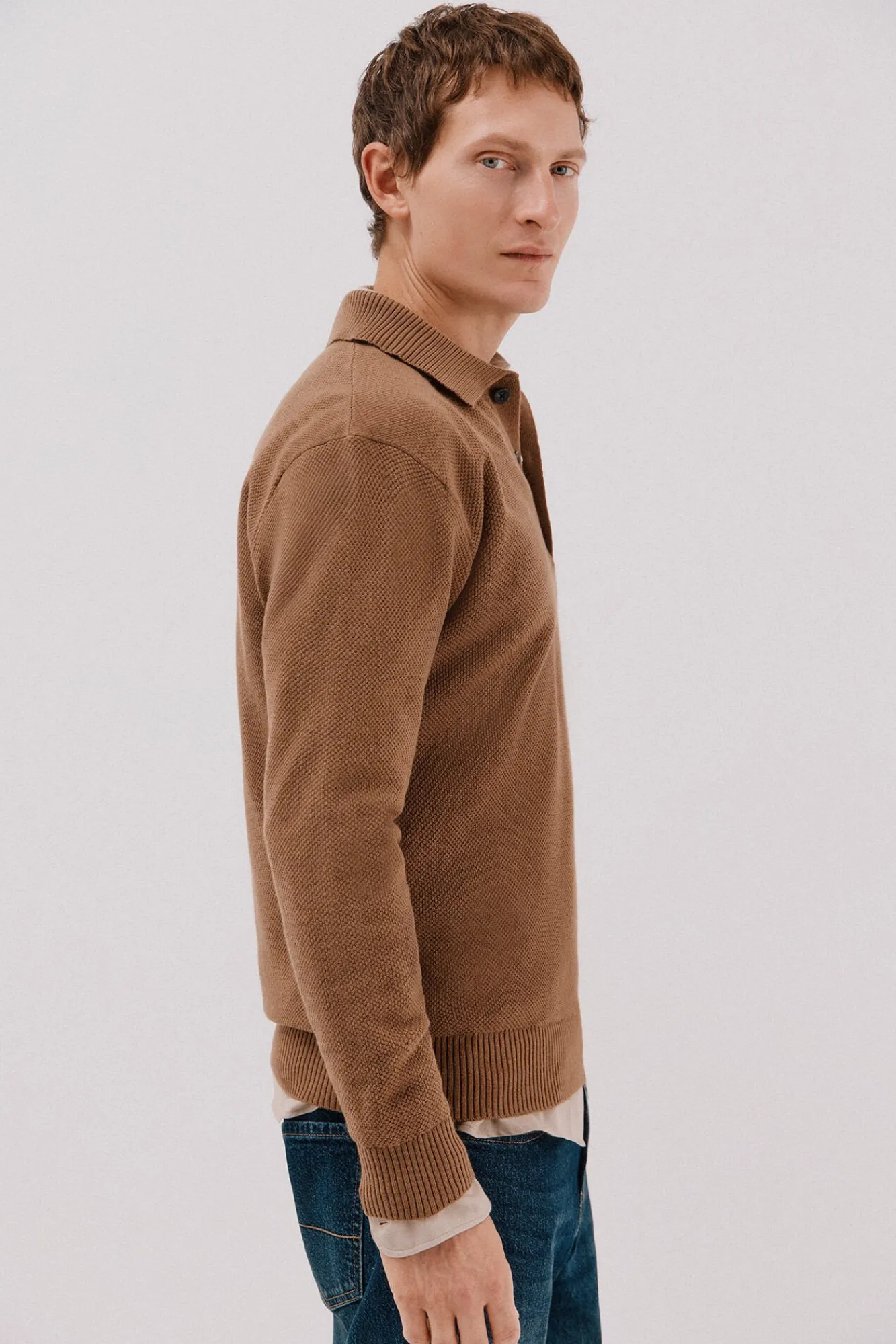 Cortefiel Camisolas-Suéter estruturado de lã com gola polo Tostado