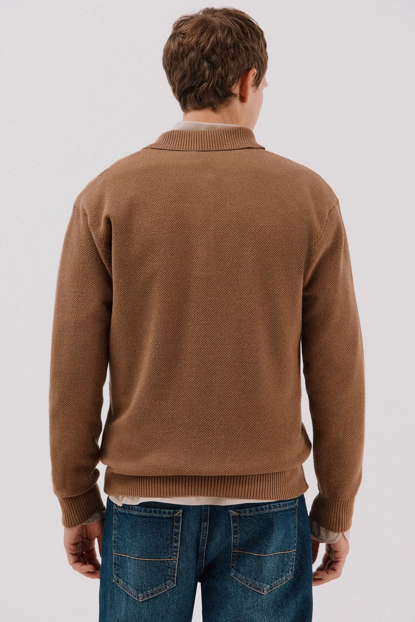 Cortefiel Camisolas-Suéter estruturado de lã com gola polo Tostado