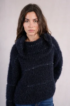 Molly Bracken Camisolas-Suéter feminino estampado riscas de manga comprida Azul