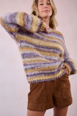 Molly Bracken Camisolas-Suéter feminino estampado riscas de manga comprida Multicolorido