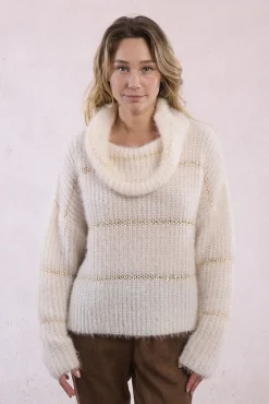 Molly Bracken Camisolas-Suéter feminino estampado riscas de manga comprida Ecru