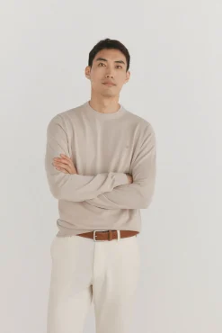 Pedro del Hierro Camisolas-Suéter fino de algodão premium com gola redonda Beige