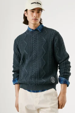 Pepe Jeans Camisolas-Suéter trançado com gola redonda azul