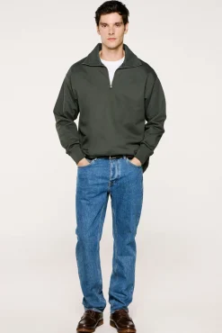 Selected Sweatshirts-Sweatshirt 100% algodão orgânico com meia fecho-éclair Verde