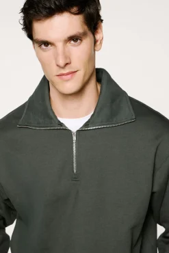 Selected Sweatshirts-Sweatshirt 100% algodão orgânico com meia fecho-éclair Verde