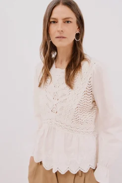 Cortefiel T-Shirts-Top de crochet combinado Ecru