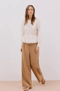 Cortefiel T-Shirts-Top de crochet combinado Ecru