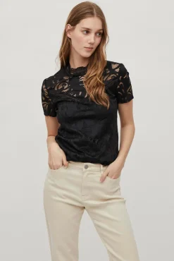 Vila T-Shirts|Blusas-Top de encaixe de manga curta Preto