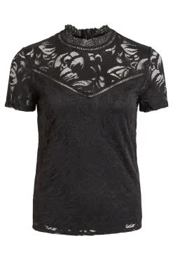 Vila T-Shirts|Blusas-Top de encaixe de manga curta Preto