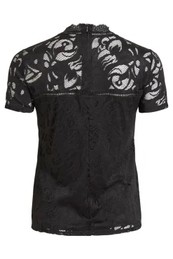 Vila T-Shirts|Blusas-Top de encaixe de manga curta Preto