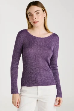 Vila T-Shirts-Top de malha reversível com lurex Roxo