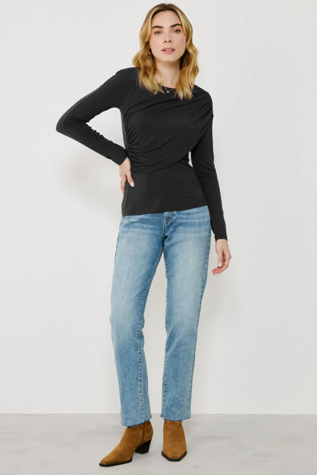 Vila T-Shirts-Top de manga comprida com detalhe drapeado Preto