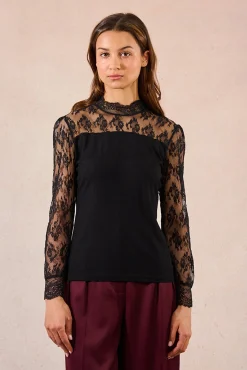 Molly Bracken T-Shirts-Top de manga comprida com detalhes de renda Preto