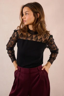 Molly Bracken T-Shirts-Top de manga comprida com detalhes de renda Preto
