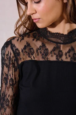 Molly Bracken T-Shirts-Top de manga comprida com detalhes de renda Preto