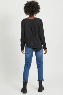 Vila Blusas-Top de mulher de manga comprida com decote em bico Preto