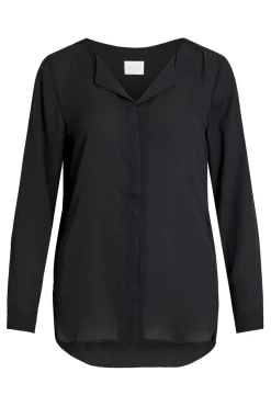 Vila Blusas-Top de mulher de manga comprida com decote em bico Preto