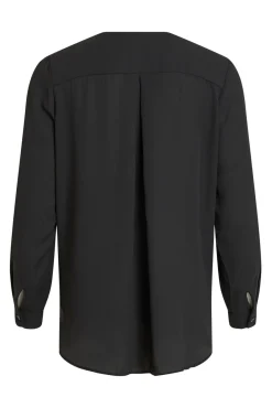 Vila Blusas-Top de mulher de manga comprida com decote em bico Preto