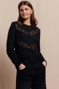 Slowlove T-Shirts-Top de renda combinada Preto