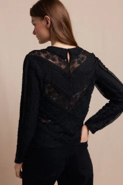 Slowlove T-Shirts-Top de renda combinada Preto