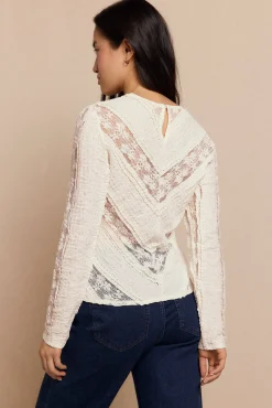 Slowlove T-Shirts-Top de renda combinada Ecru