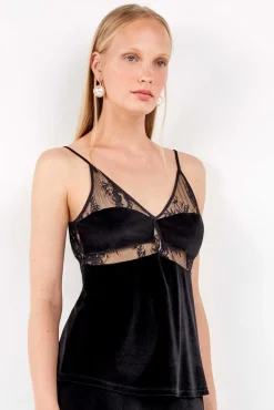 Gisela Roupa Interior-Top de veludo macio com detalhes de renda preto