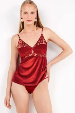 Gisela Roupa Interior-Top de veludo macio com detalhes de renda vermelho