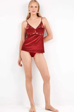 Gisela Roupa Interior-Top de veludo macio com detalhes de renda vermelho