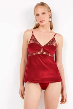 Gisela Roupa Interior-Top de veludo macio com detalhes de renda vermelho