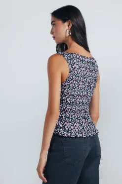 Springfield T-Shirts-Top floral ajustado preto