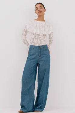 Cortefiel T-Shirts-Top renda folho Branco