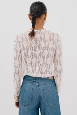 Cortefiel T-Shirts-Top renda folho Branco