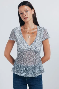 Springfield T-Shirts-Topo de flor azul cru